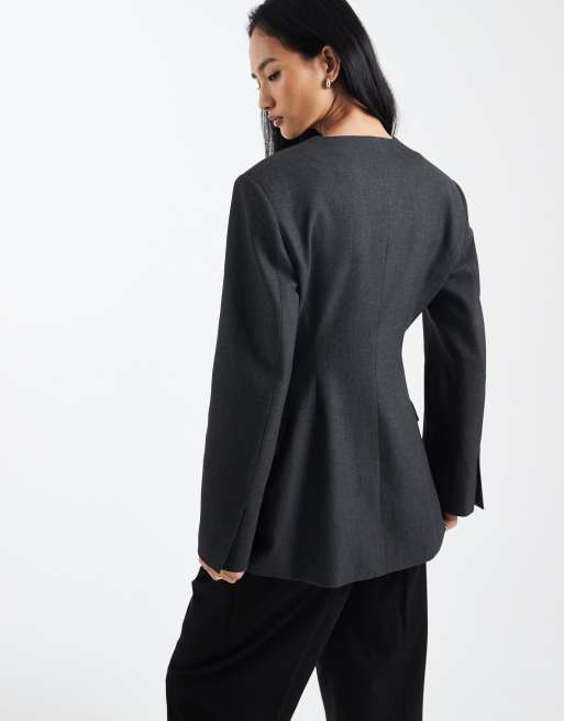 ASOS DESIGN – Blazer in Grau ohne Kragen mit hohem Reversansatz, 3 von 4