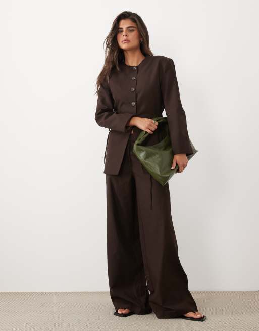 ASOS DESIGN - Blazer in lino color cioccolato con laccetti laterali in coordinato
