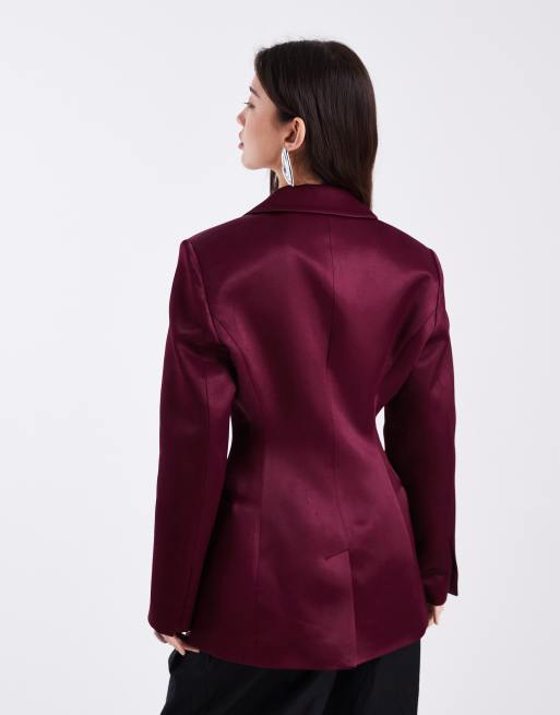 ASOS DESIGN - Blazer in raso color prugna stretto in vita, 2 di 4