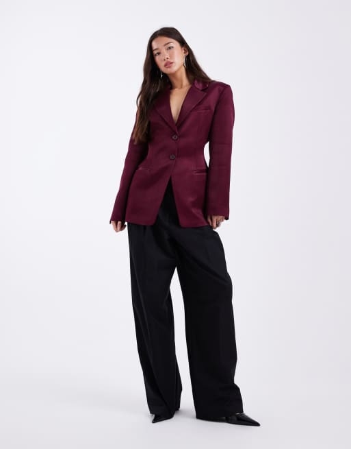 ASOS DESIGN - Blazer in raso color prugna stretto in vita, 3 di 4