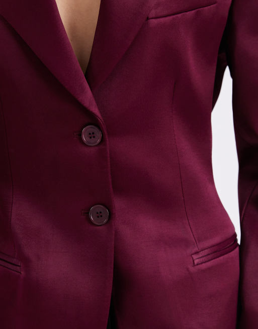 ASOS DESIGN - Blazer in raso color prugna stretto in vita, 4 di 4