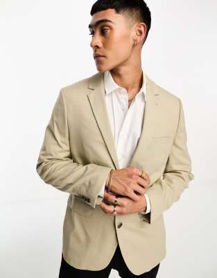 Asos Design Blazer In Stone Pindot Texture-neutral