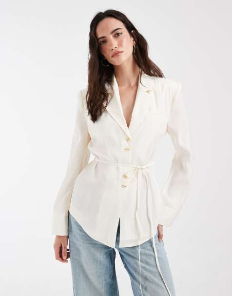 ASOS DESIGN blazer med skulderpuder og bindebælte i creme - view 1