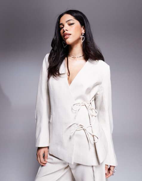 ASOS DESIGN - Blazer met dubbele gestrikte zijkant in stone, deel van co-ord set - view 1