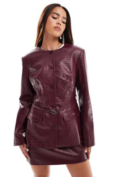 ASOS DESIGN - Blazer met geweven detail en riem in donker kersenrood, deel van co-ord set - view 1