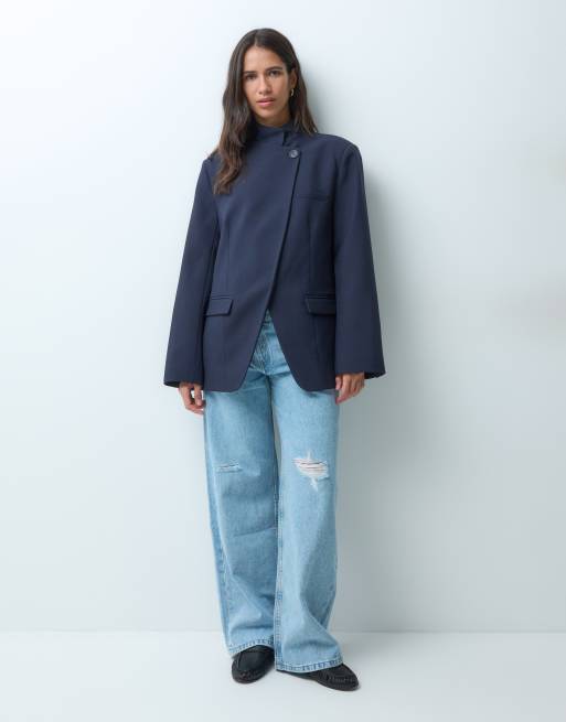 ASOS DESIGN blazer met hoge hals en overslag aan de voorkant in navy, 4 van 4