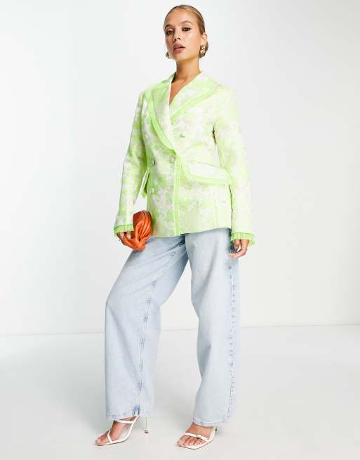 ASOS DESIGN - Blazer met jacquard, ingenomen taille em ruche in limoengroen, 4 van 4