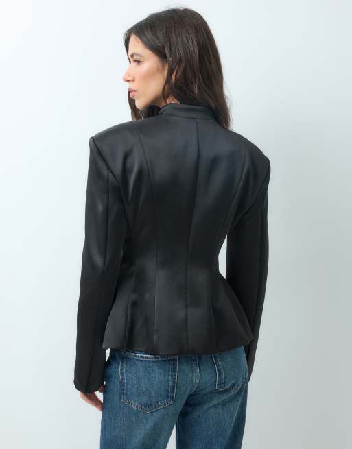ASOS DESIGN blazer met mandarijnkraag, geaccentueerde taille, satijn, zwart, 3 van 5