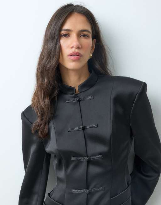 ASOS DESIGN blazer met mandarijnkraag, geaccentueerde taille, satijn, zwart, 5 van 5