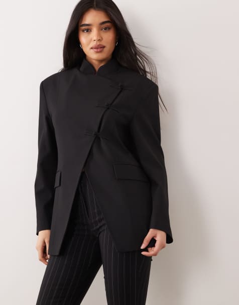 ASOS DESIGN - Blazer met opstaande boord, overslag en mandarijnknopen in zwart - view 1