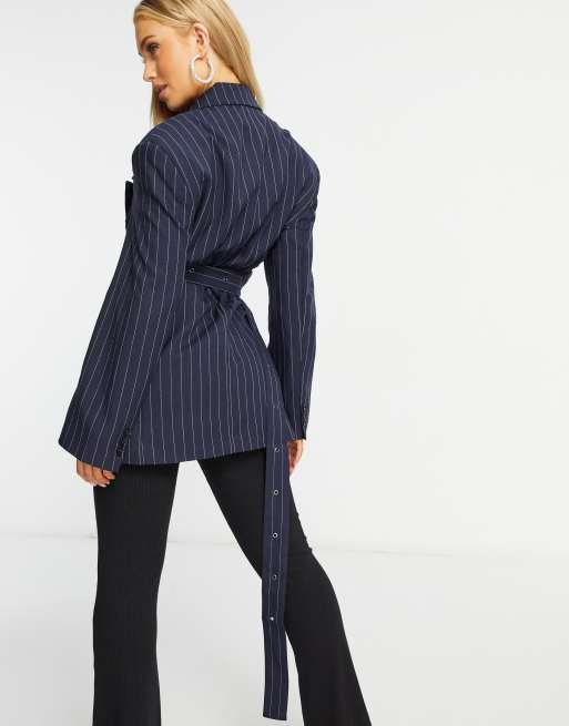 ASOS DESIGN - Blazer met riem en krijtstreep in marineblauw, 2 van 4