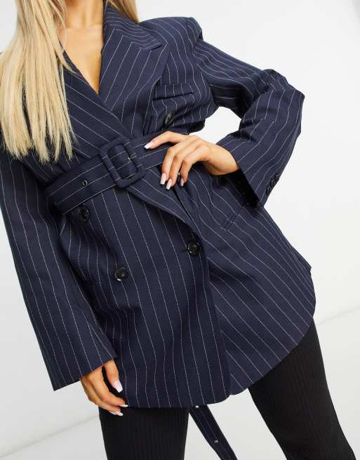 ASOS DESIGN - Blazer met riem en krijtstreep in marineblauw, 3 van 4