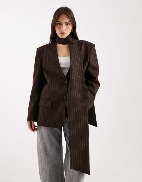 ASOS DESIGN - Blazer oversize à détail foulard et fines rayures - Marron chocolat - view 1
