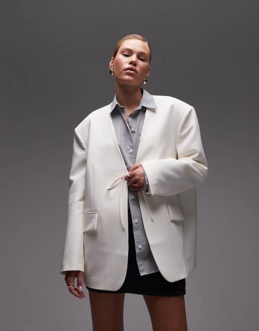 ASOS DESIGN - Blazer oversize color crema senza colletto allacciato davanti