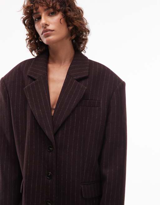 ASOS DESIGN - Blazer oversize élégant à épaulettes en laine mélangée - Chocolat à fines rayures, 2 de 4