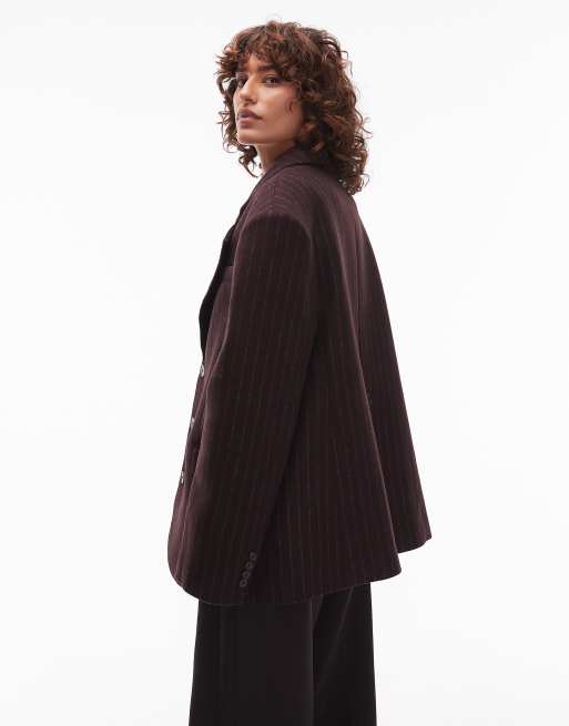 ASOS DESIGN - Blazer oversize élégant à épaulettes en laine mélangée - Chocolat à fines rayures, 4 de 4