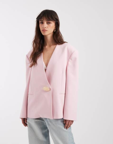 ASOS DESIGN - Blazer oversize senza colletto rosa chiaro con finiture - view 1
