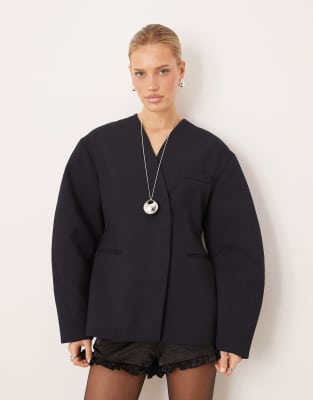 Blazer sans col à taille cintrée - Bleu marine-Vert 32