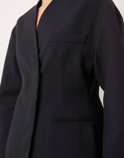 ASOS DESIGN - Blazer sans col à taille cintrée - Bleu marine, 3 de 4