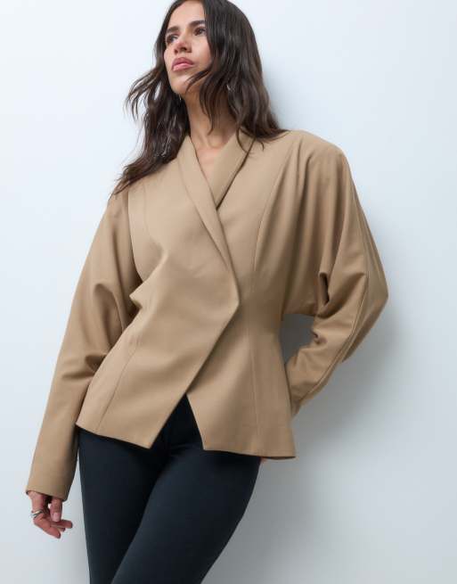 ASOS DESIGN blazer sartoriale blouson con maniche a pipistrello color sabbia, 1 di 4