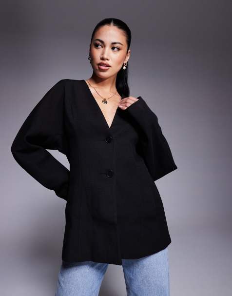 ASOS DESIGN - Blazer sartoriale effetto lino testurizzato a vita stretta nero in coordinato - view 1
