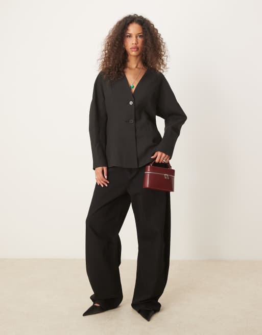 ASOS DESIGN - Blazer sartoriale effetto lino testurizzato a vita stretta nero in coordinato