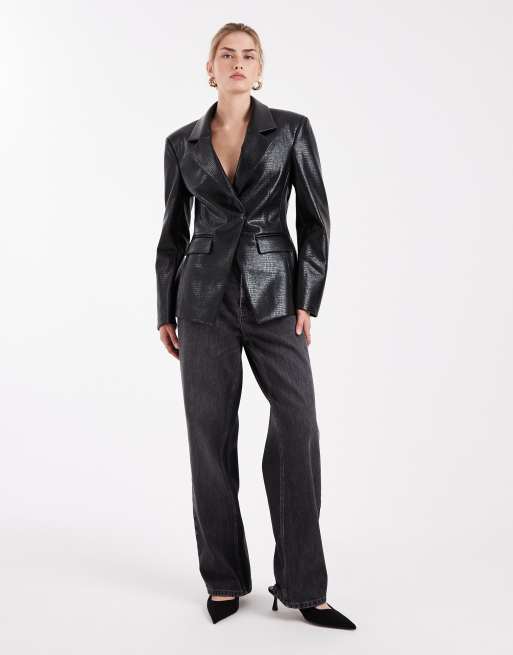 ASOS DESIGN - Blazer sartoriale in pelle sintetica effetto coccodrillo nero, 2 di 4