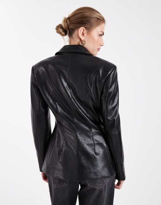 ASOS DESIGN - Blazer sartoriale in pelle sintetica effetto coccodrillo nero, 3 di 4