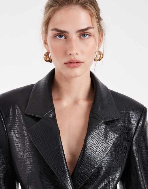 ASOS DESIGN - Blazer sartoriale in pelle sintetica effetto coccodrillo nero, 4 di 4
