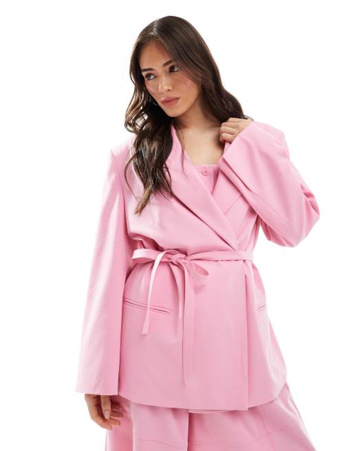 ASOS DESIGN - Blazer sartoriale oversize allacciato in vita rosa in coordinato