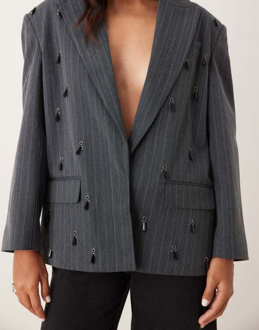 ASOS DESIGN - Blazer sartoriale oversize grigio con motivo gessato decorato, 4 di 4