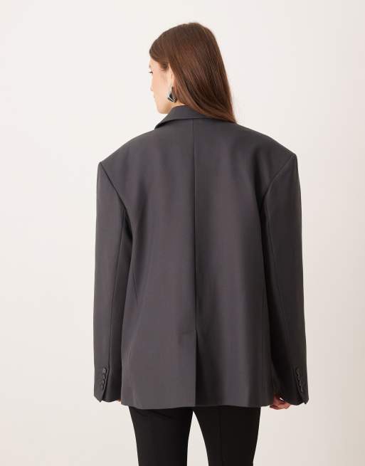 ASOS DESIGN - Blazer sartoriale oversize in misto lana antracite con spalline imbottite, 2 di 4