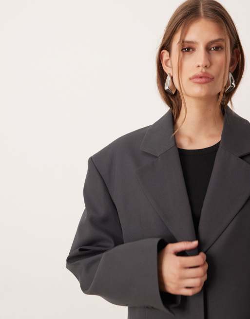 ASOS DESIGN - Blazer sartoriale oversize in misto lana antracite con spalline imbottite, 3 di 4