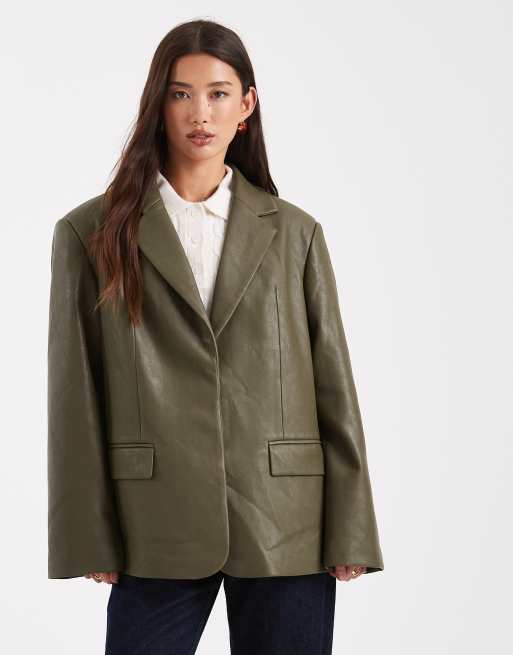 ASOS DESIGN - Blazer sartoriale oversize in pelle sintetica color verde scuro