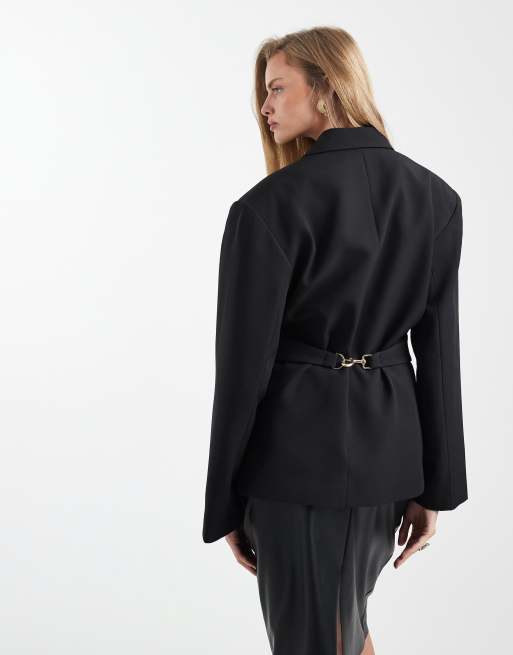ASOS DESIGN - Blazer sartoriale stretto in vita nero con dettagli in metallo, 3 di 4