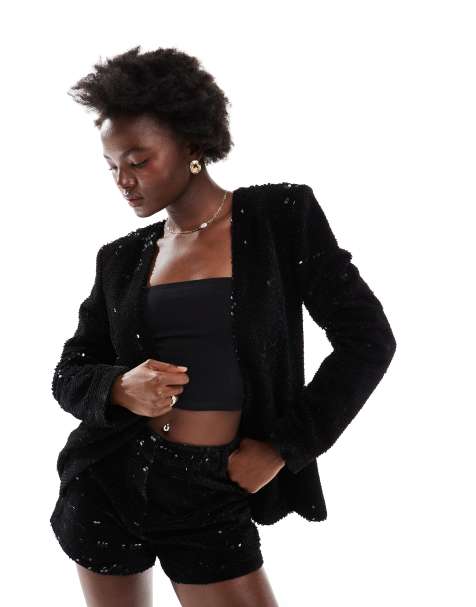 ASOS DESIGN - Blazer senza colletto nero stretto in vita in velluto con paillettes - view 1