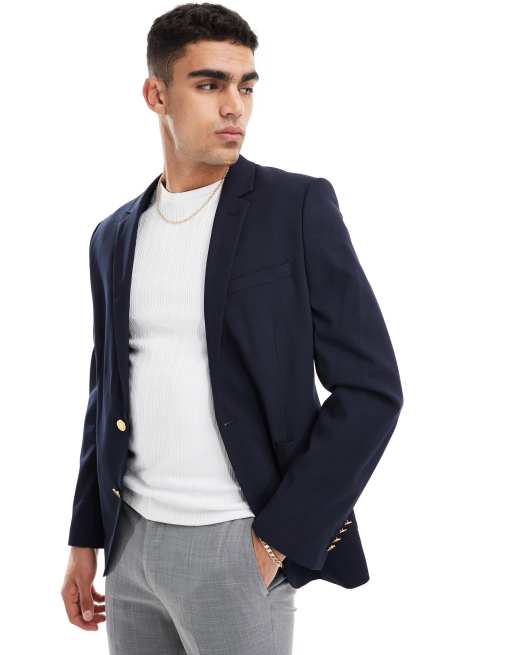 ASOS DESIGN - Blazer skinny blu navy con bottoni color oro