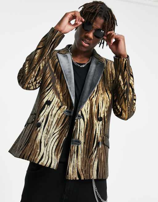 ASOS DESIGN - Blazer skinny con paillettes oro e rever a contrasto