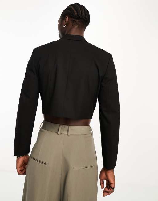 ASOS DESIGN - Blazer skinny corto nero con orlo a V, 2 di 5