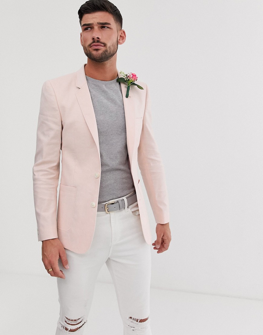 ASOS DESIGN - Blazer skinny da matrimonio in lino rosa