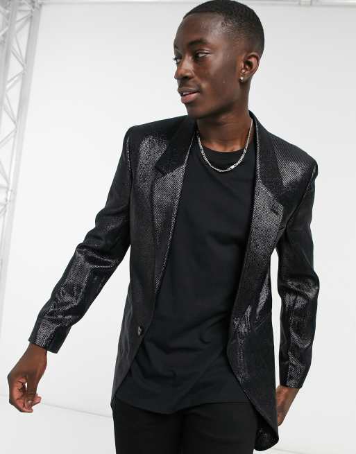 ASOS DESIGN - Blazer skinny taglio lungo nero effetto bagnato