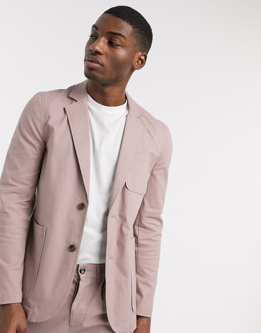 ASOS DESIGN - Blazer slim casual in cotone rosa caldo con tasche squadrate in coordinato