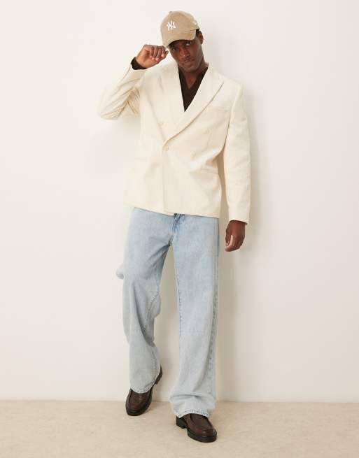 ASOS DESIGN - Blazer slim in velluto a coste color crema