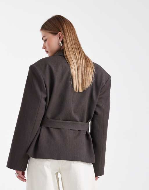 ASOS DESIGN - Blazer squadrato sartoriale color cioccolato con cintura, 4 di 4