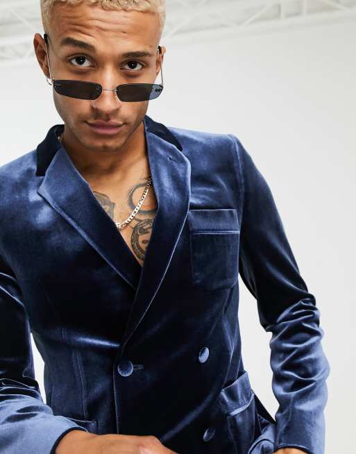 ASOS DESIGN - Blazer stile smoking doppiopetto skinny in velluto blu navy, 3 di 4