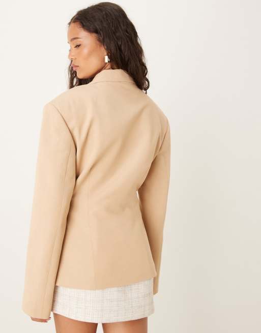 ASOS DESIGN - Blazer stretto in vita in misto lino di colore neutro, 3 di 4