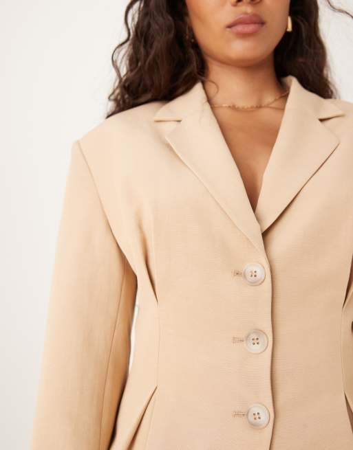 ASOS DESIGN - Blazer stretto in vita in misto lino di colore neutro, 4 di 4
