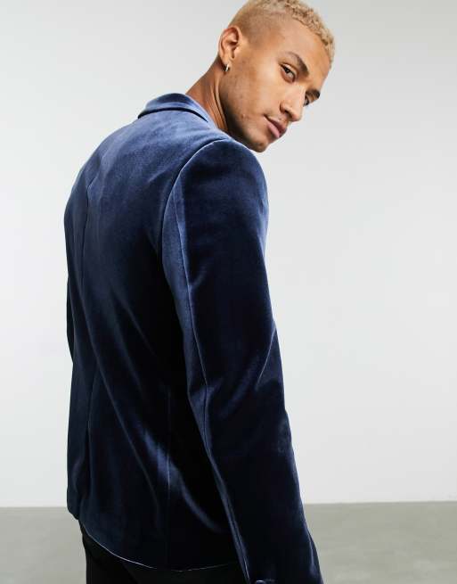 ASOS DESIGN - Blazer style smoking croisé skinny en velours - Bleu marine, 2 de 4