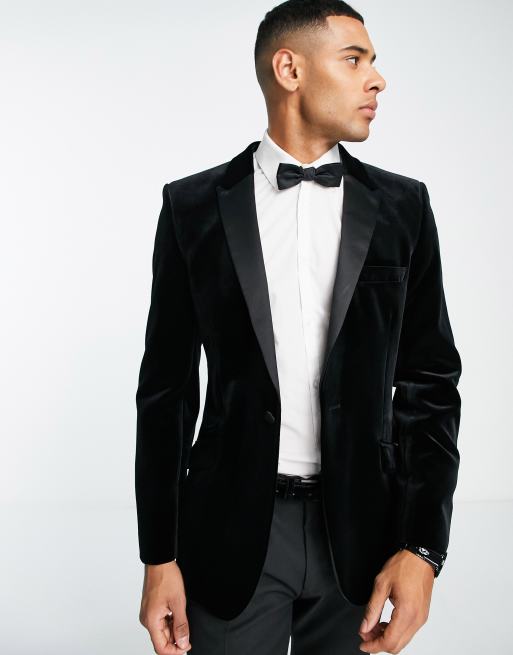 ASOS DESIGN - Blazer super skinny in velluto nero con rever a contrasto