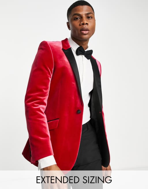 ASOS DESIGN - Blazer super skinny in velluto rosso lampone con rever a contrasto